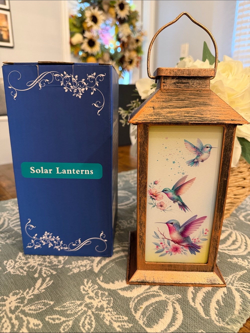 Solar Lantern with Hummingbird Motif - Rustic Gold Finish